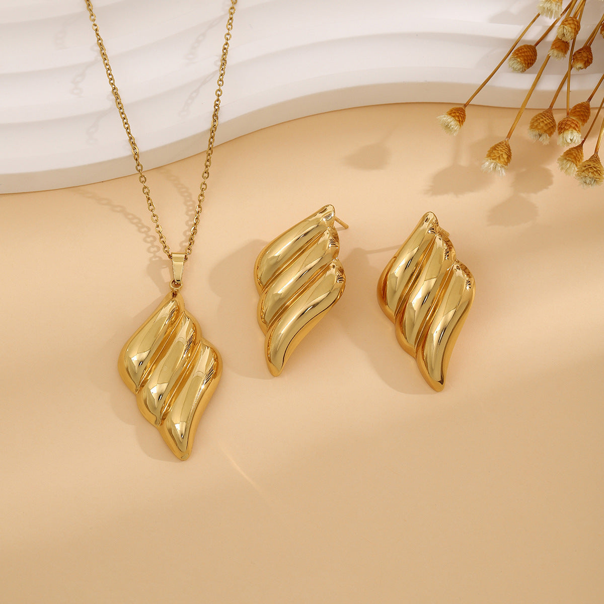 Geometric Leaves Texture Flower Love Heart Earrings And Necklace Set