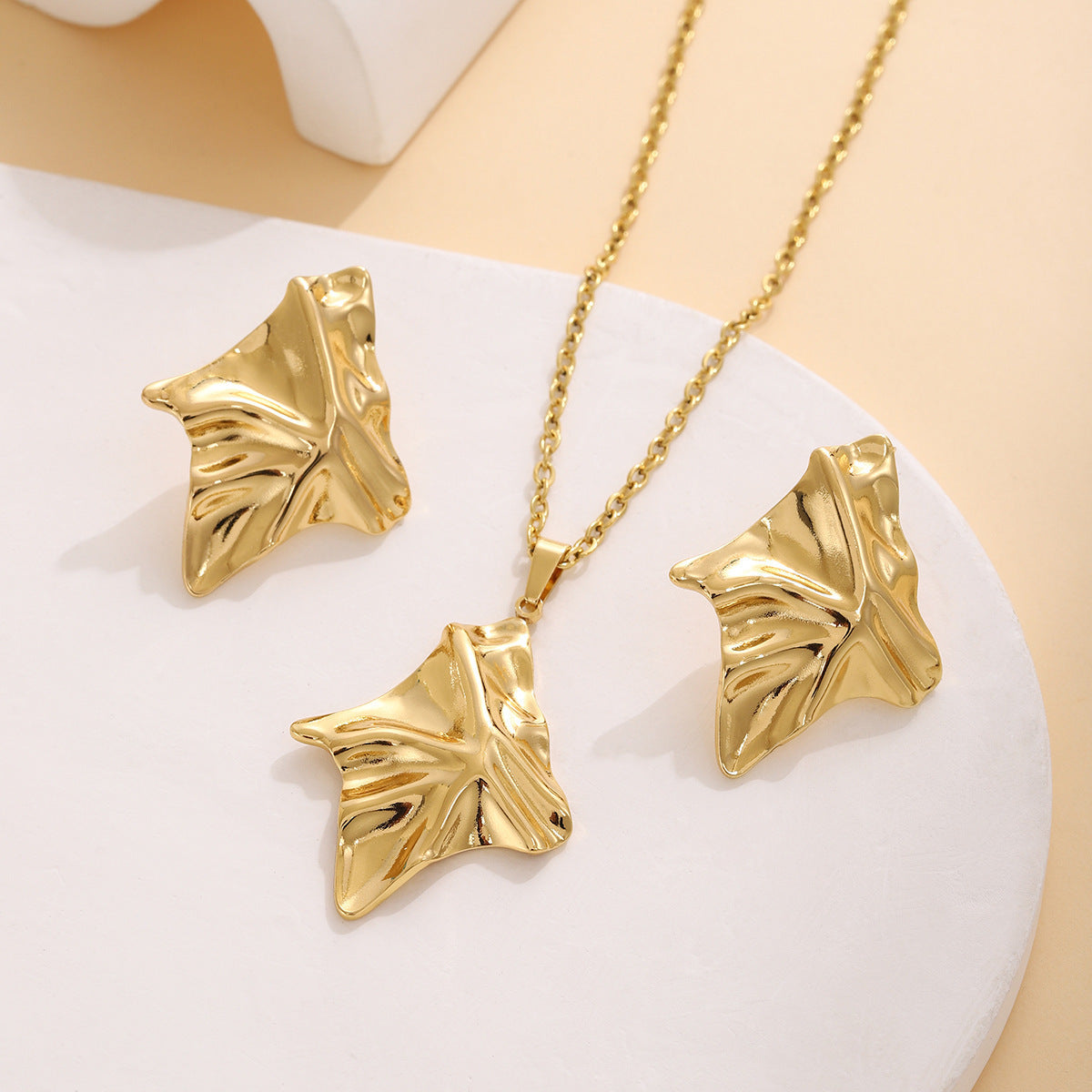 Geometric Leaves Texture Flower Love Heart Earrings And Necklace Set