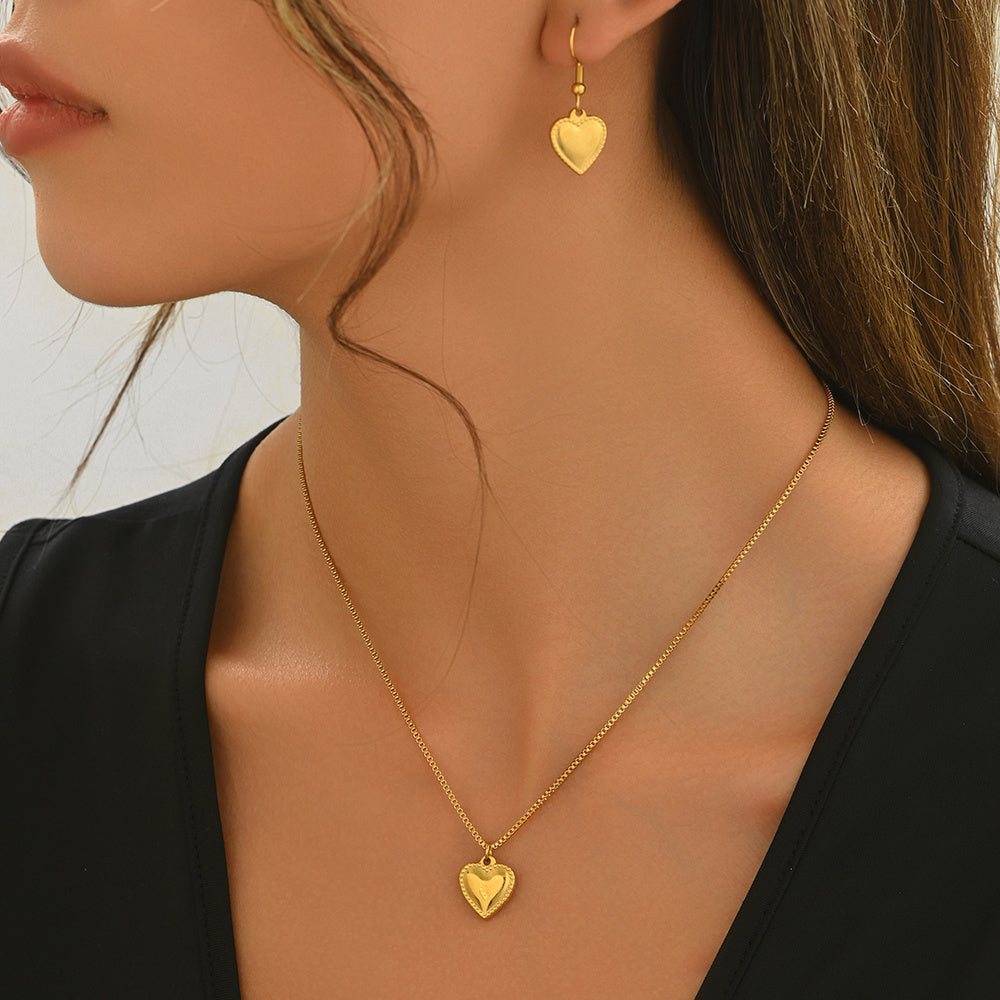 ✨ Laxly 18K Gold-Plated Stainless Steel Puffy Heart Pendant Necklace & Earrings Set for Women