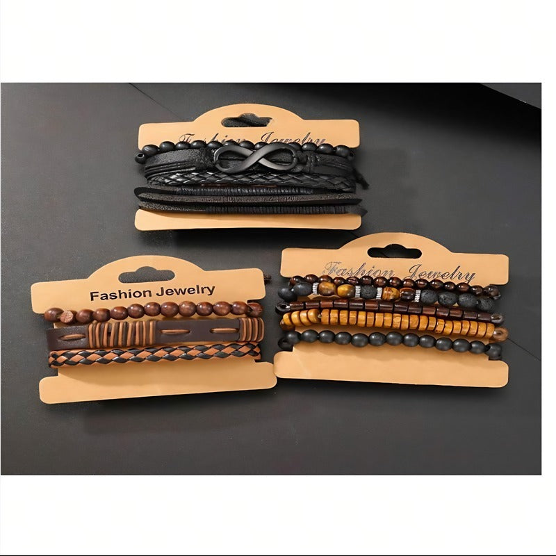 12-Piece Men’s Bracelet Set – Woven Leather, Tiger’s Eye & Moonstone Beads, Synthetic Rope