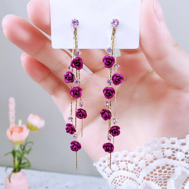 Flower Long Earrings – Red Rose & Rhinestone Tassels