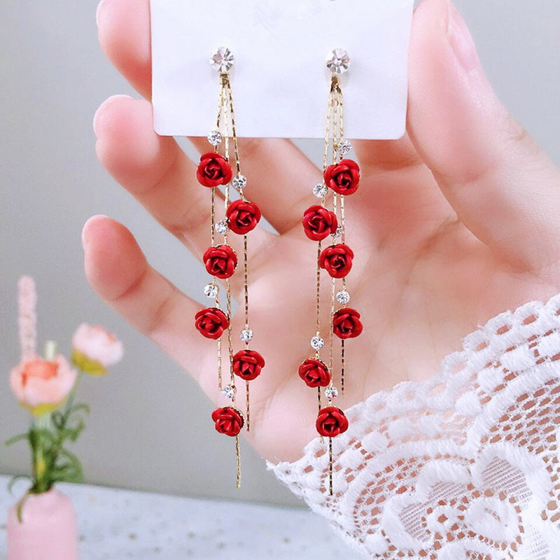 Flower Long Earrings – Red Rose & Rhinestone Tassels