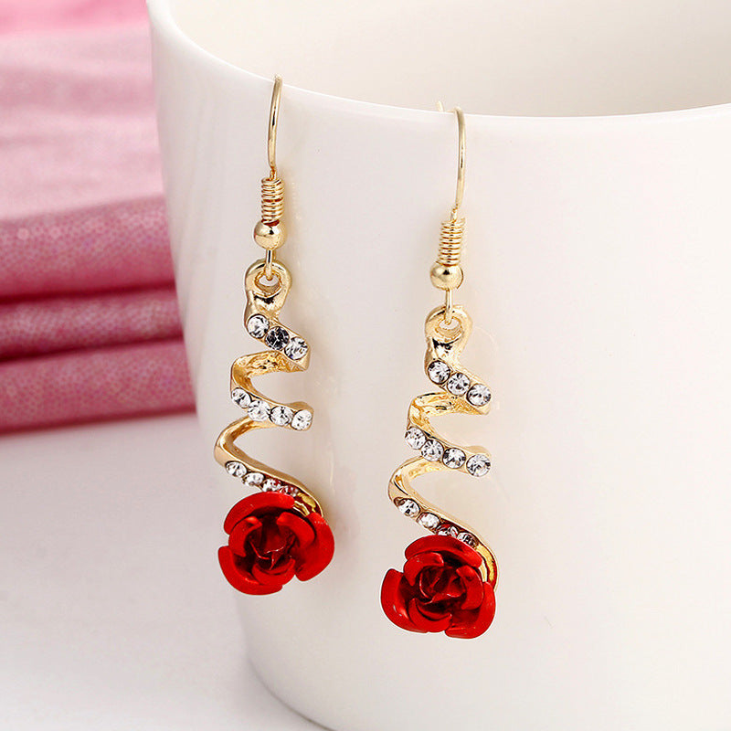 Flower Long Earrings – Red Rose & Rhinestone Tassels