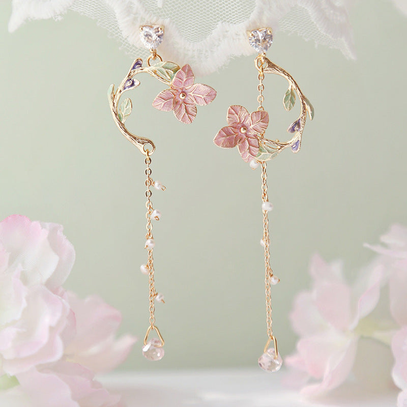 Flower Long Earrings – Red Rose & Rhinestone Tassels