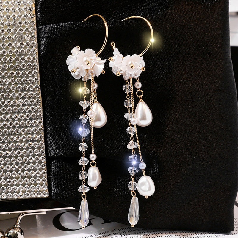 Flower Long Earrings – Red Rose & Rhinestone Tassels