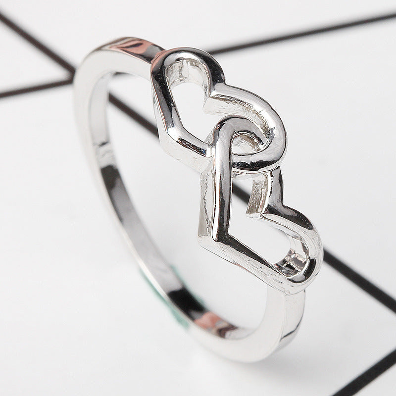 Zircon Heart Duo Ring – Fashionable Silver-Plated Design