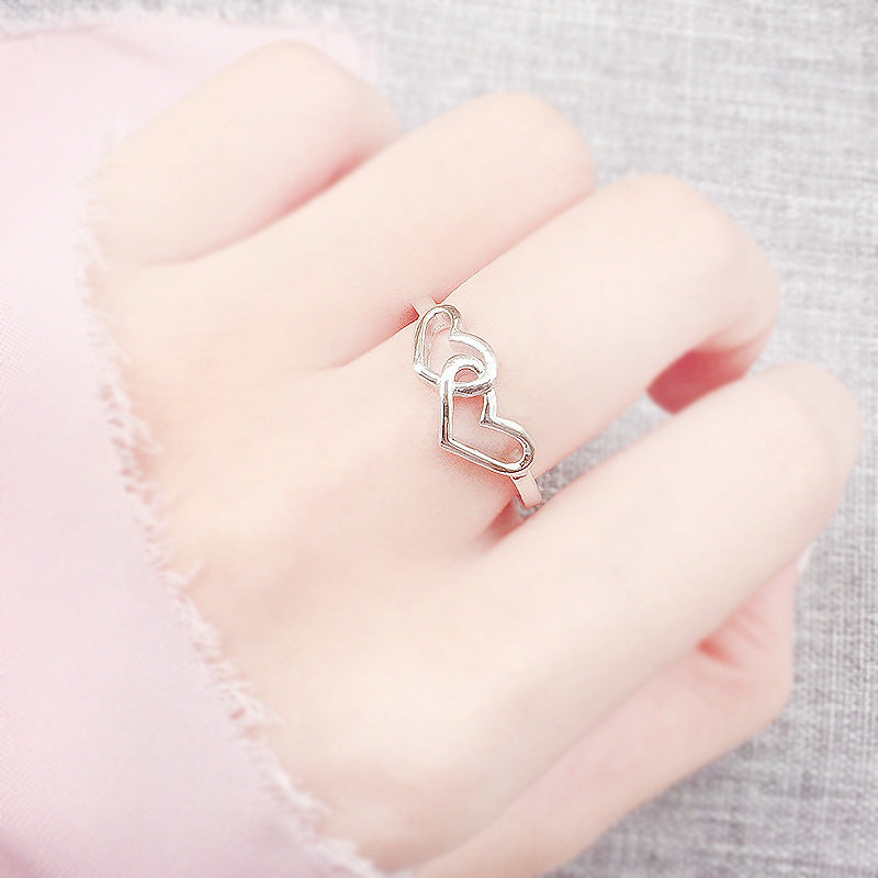 Zircon Heart Duo Ring – Fashionable Silver-Plated Design