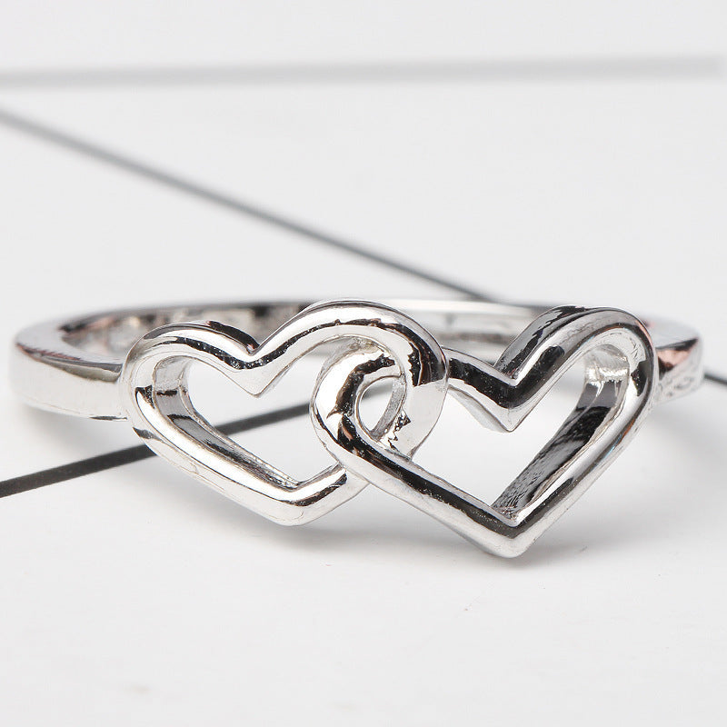 Zircon Heart Duo Ring – Fashionable Silver-Plated Design