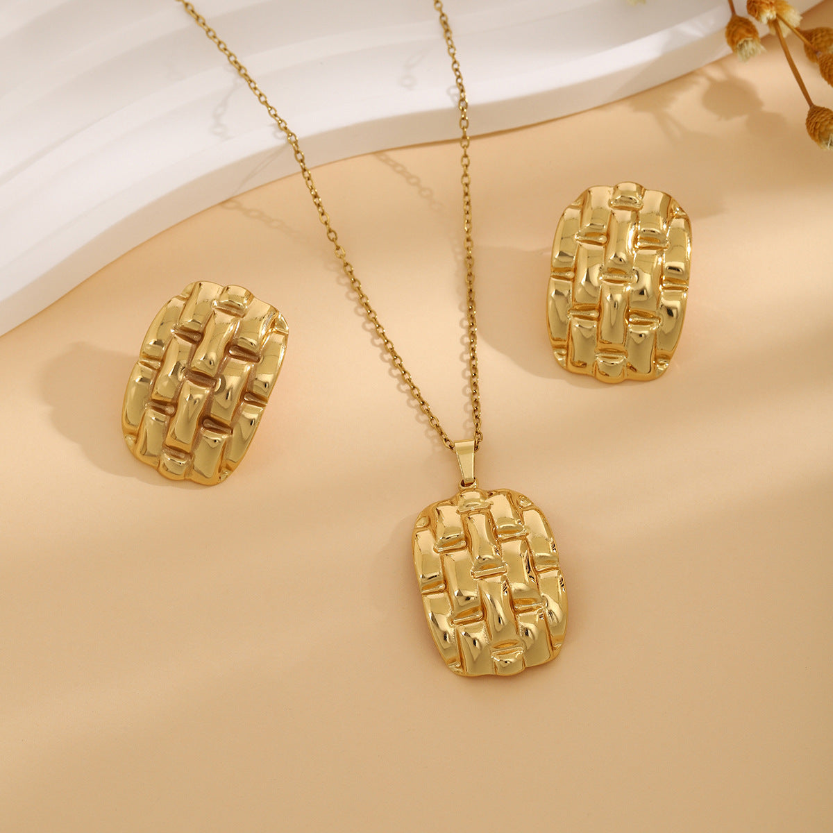 Geometric Leaves Texture Flower Love Heart Earrings And Necklace Set