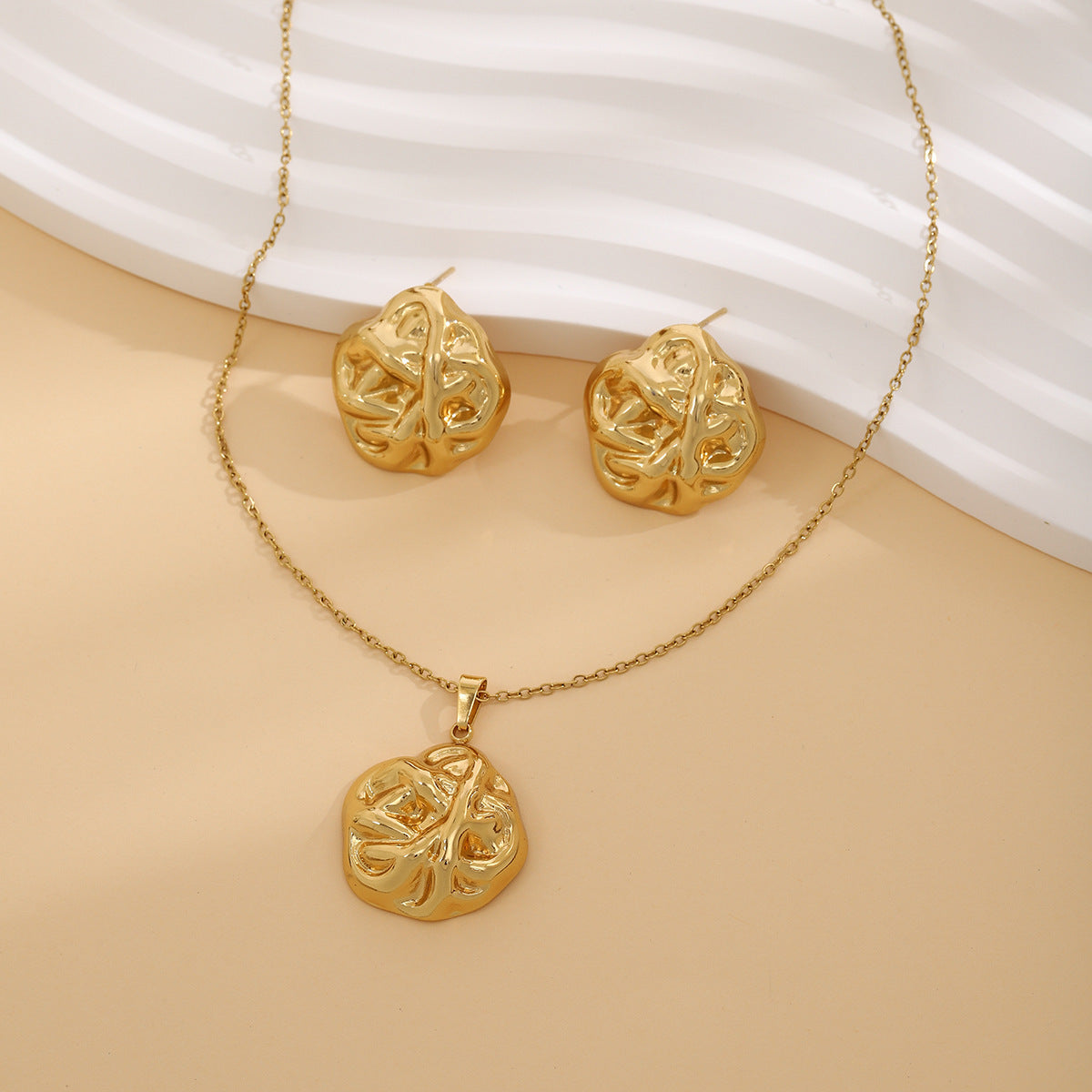 Geometric Leaves Texture Flower Love Heart Earrings And Necklace Set