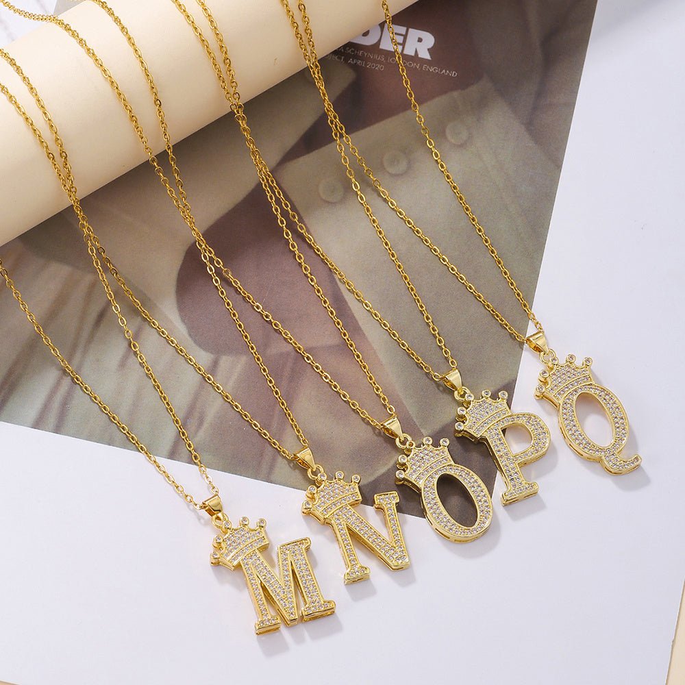 Gold Diamond Crown Uppercase Letter Pendant Necklace – Fashionable & Trendy
