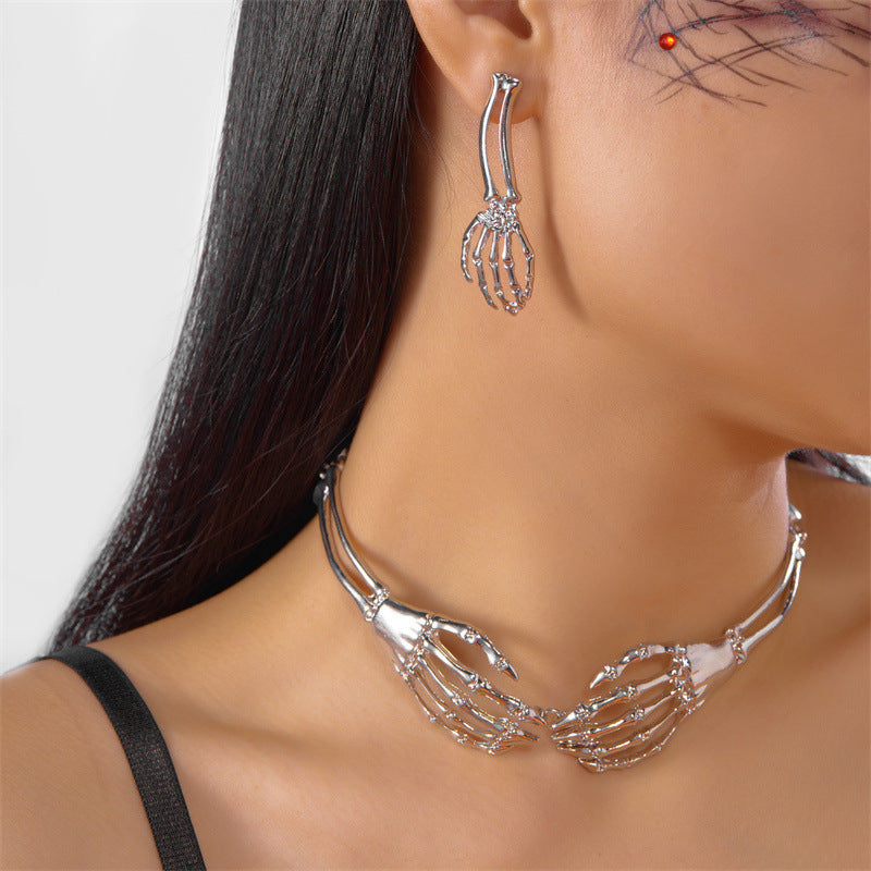 European & American Gothic Punk Skull & Ghost Claw Necklace + Earrings Set