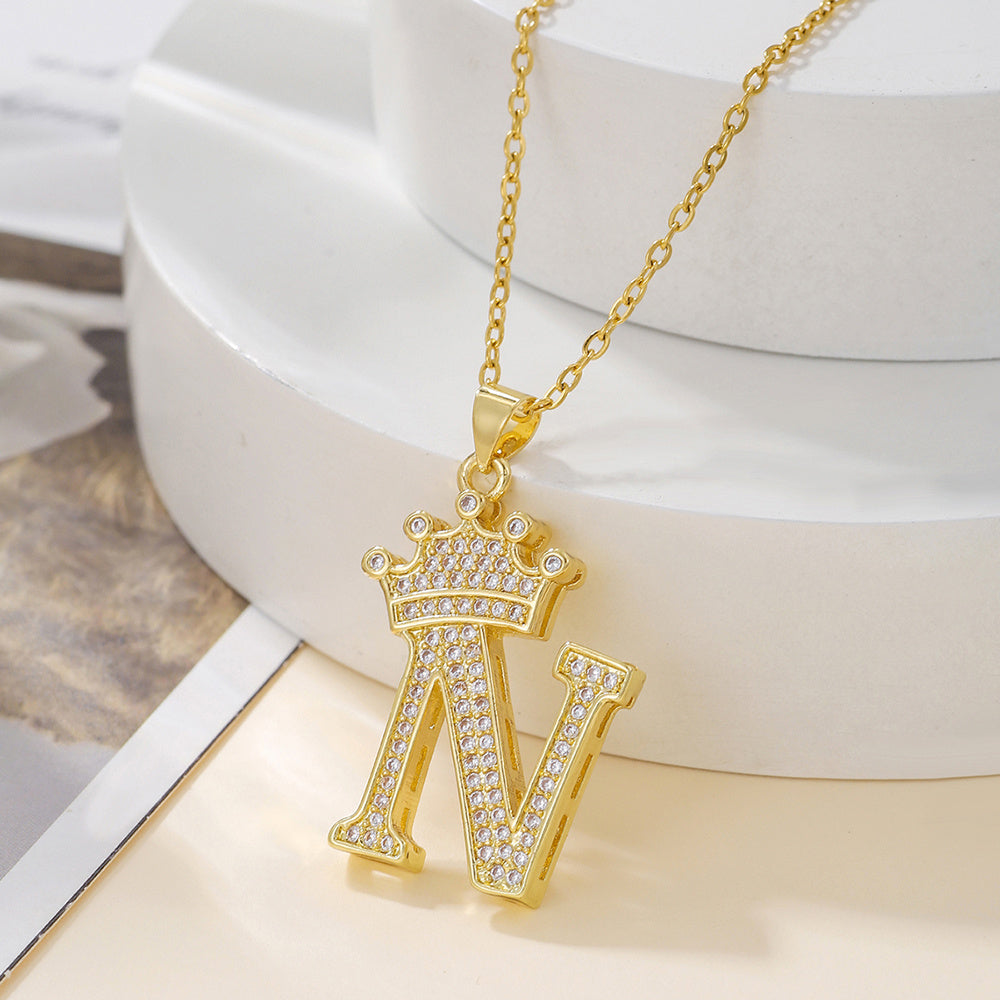 Gold Diamond Crown Uppercase Letter Pendant Necklace – Fashionable & Trendy