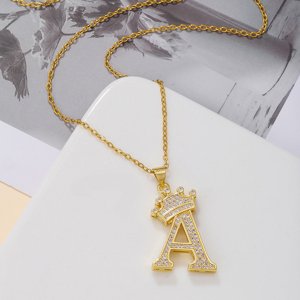 Gold Diamond Crown Uppercase Letter Pendant Necklace – Fashionable & Trendy