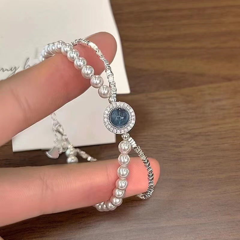 925 Silver Aquamarine & Pearl Bracelet
