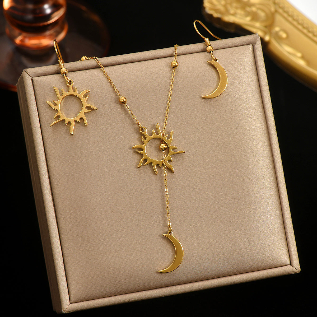 ✨ Laxly 18K Gold-Plated Stainless Steel Sun & Moon Pendant Necklace and Hoop Earrings Set for Women