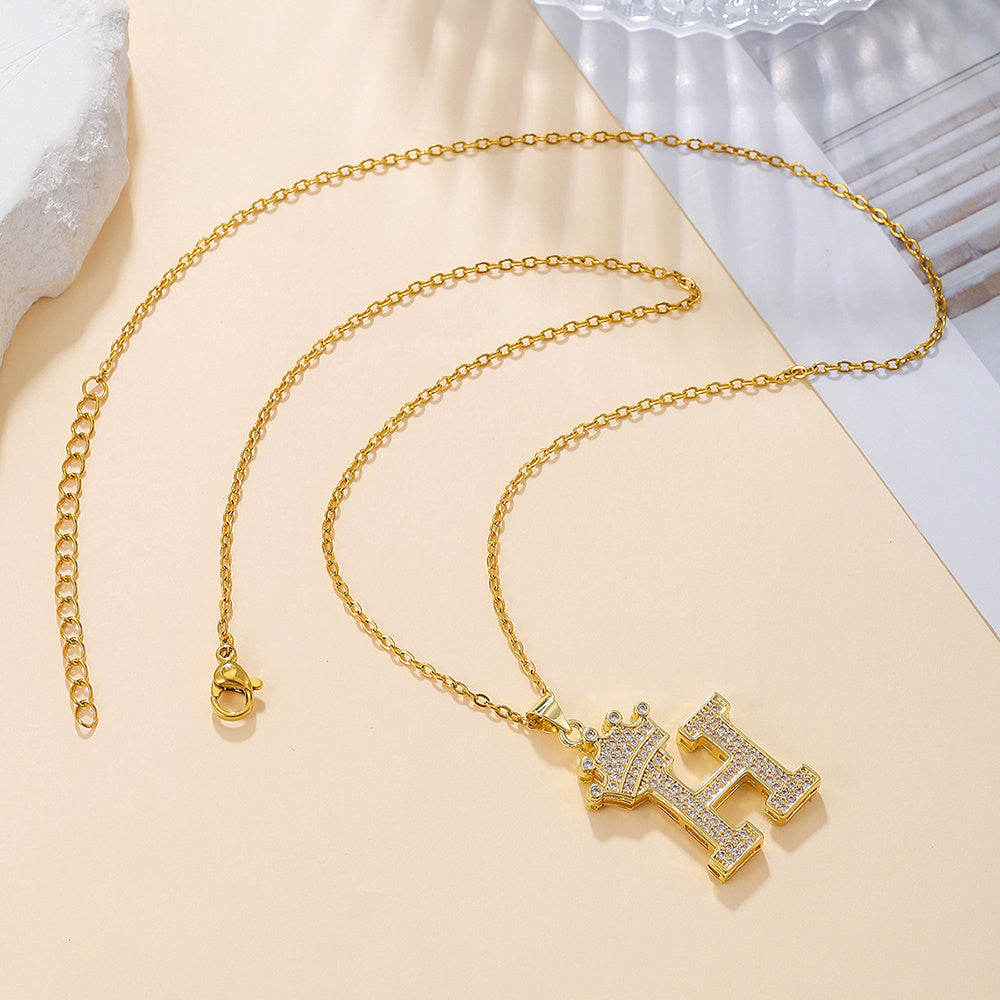 Gold Diamond Crown Uppercase Letter Pendant Necklace – Fashionable & Trendy