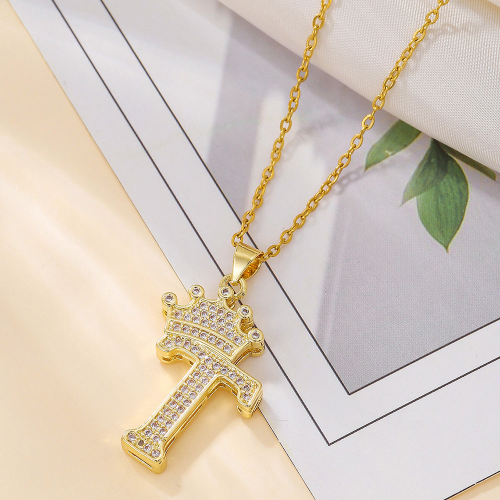 Gold Diamond Crown Uppercase Letter Pendant Necklace – Fashionable & Trendy