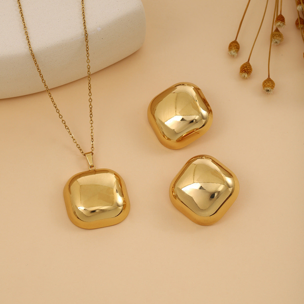 Geometric Leaves Texture Flower Love Heart Earrings And Necklace Set