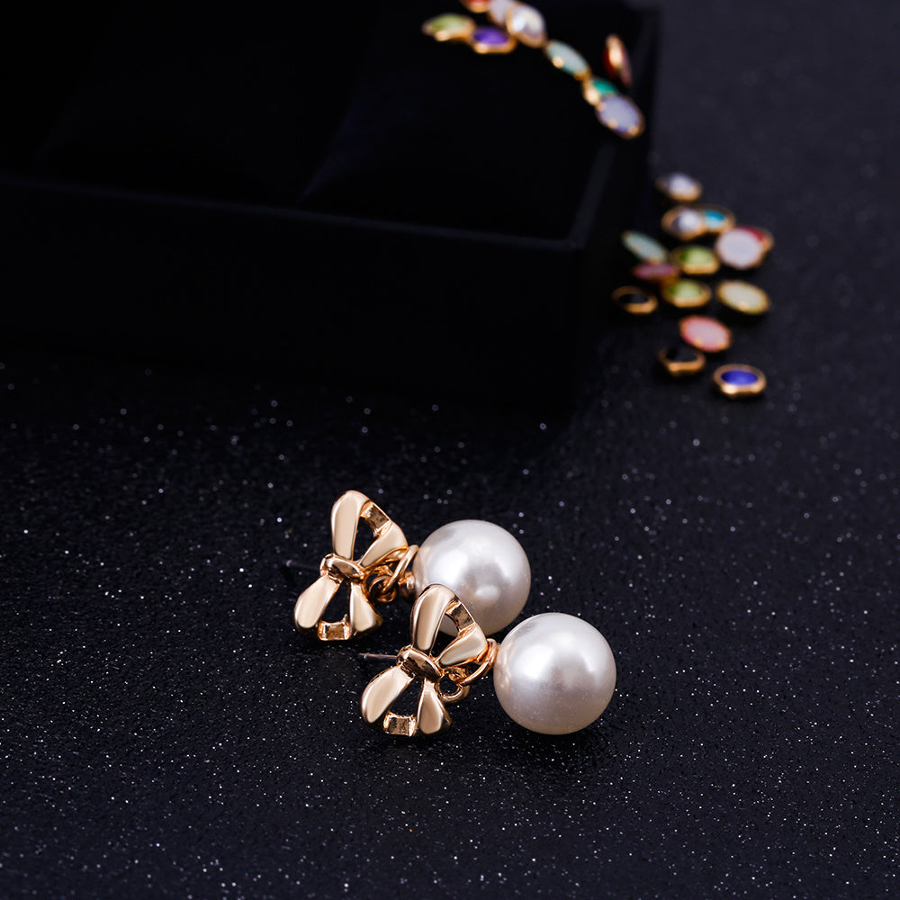 Allergy-Free Zircon Heart Earrings with Pearl Bow Design for Women