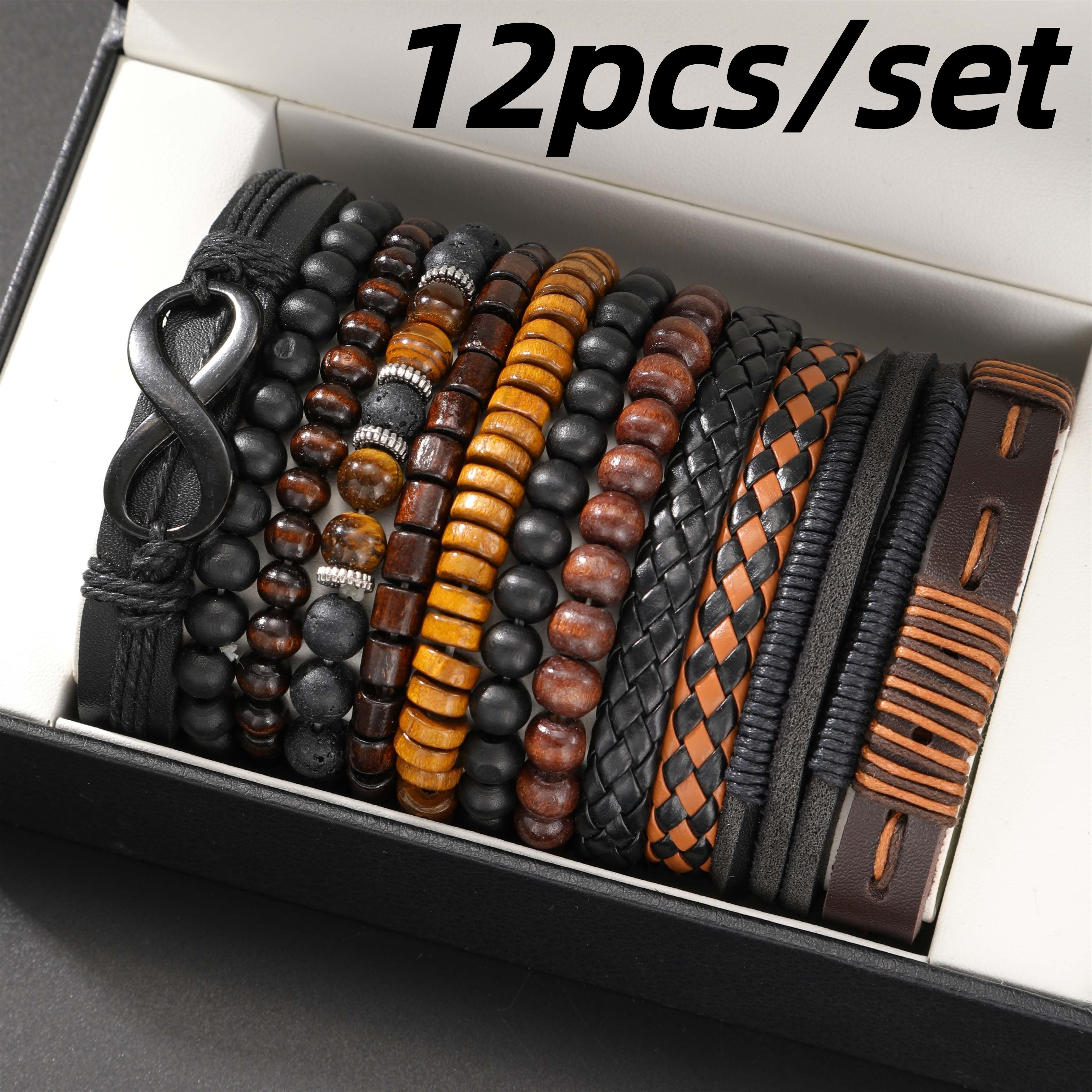 12-Piece Men’s Bracelet Set – Woven Leather, Tiger’s Eye & Moonstone Beads, Synthetic Rope