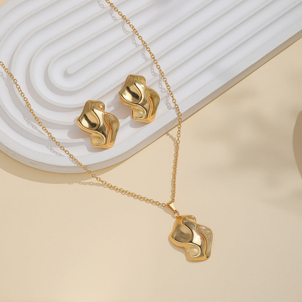 Geometric Leaves Texture Flower Love Heart Earrings And Necklace Set