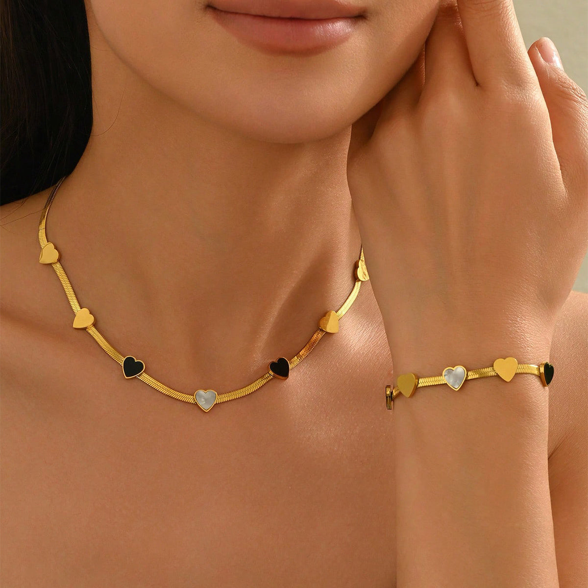 ✨ Laxly 18K Gold-Plated Stainless Steel Heart Necklace & Bracelet Set for Women