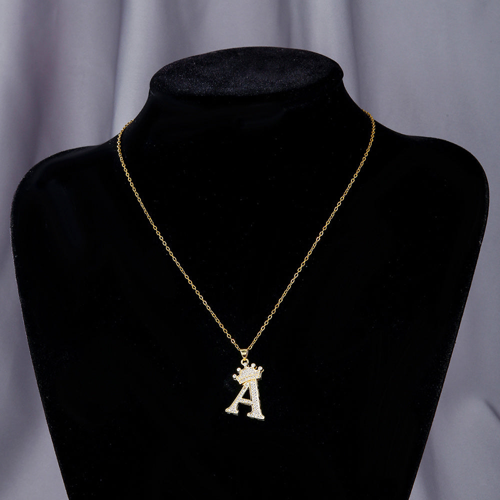 Gold Diamond Crown Uppercase Letter Pendant Necklace – Fashionable & Trendy