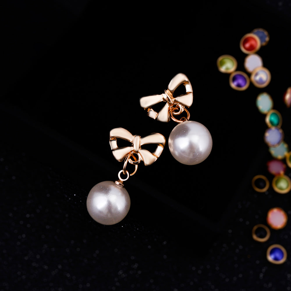 Allergy-Free Zircon Heart Earrings with Pearl Bow Design for Women