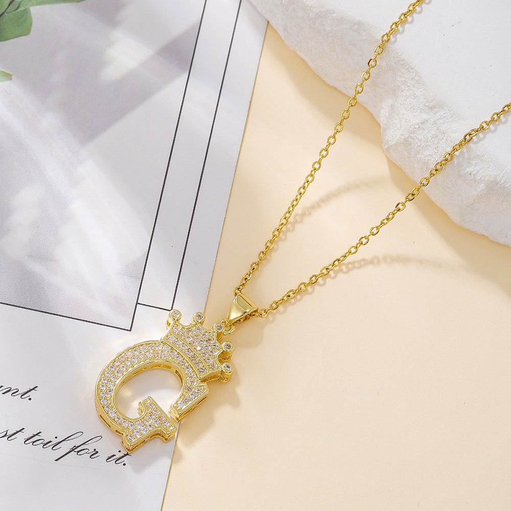 Gold Diamond Crown Uppercase Letter Pendant Necklace – Fashionable & Trendy