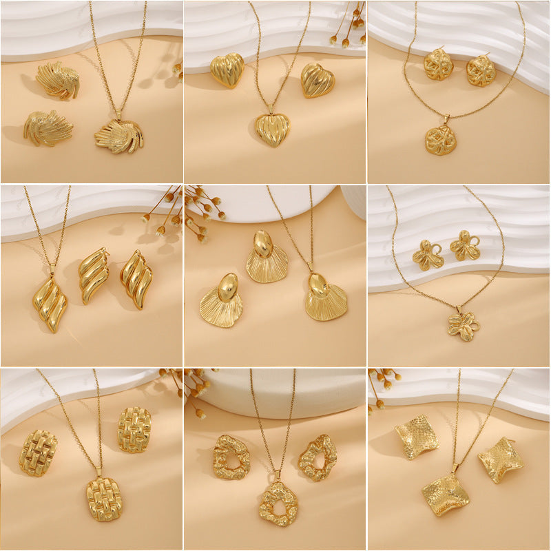 Geometric Leaves Texture Flower Love Heart Earrings And Necklace Set