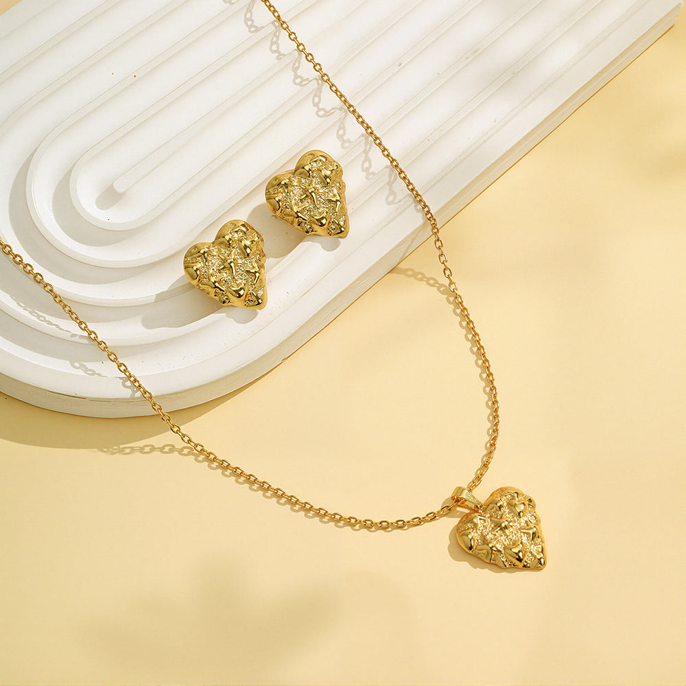Geometric Leaves Texture Flower Love Heart Earrings And Necklace Set