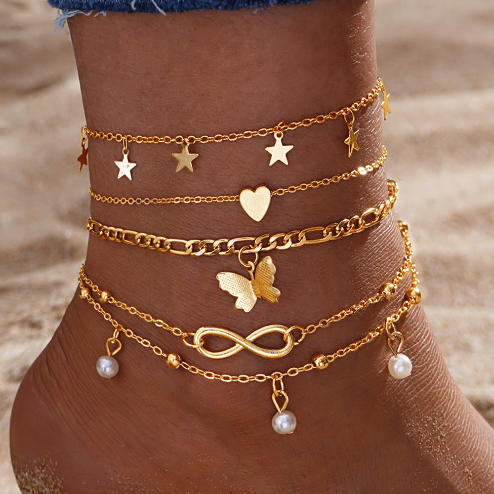 Butterfly, Pearl & Heart Anklet Set – 4-Piece Multi-Layer Design