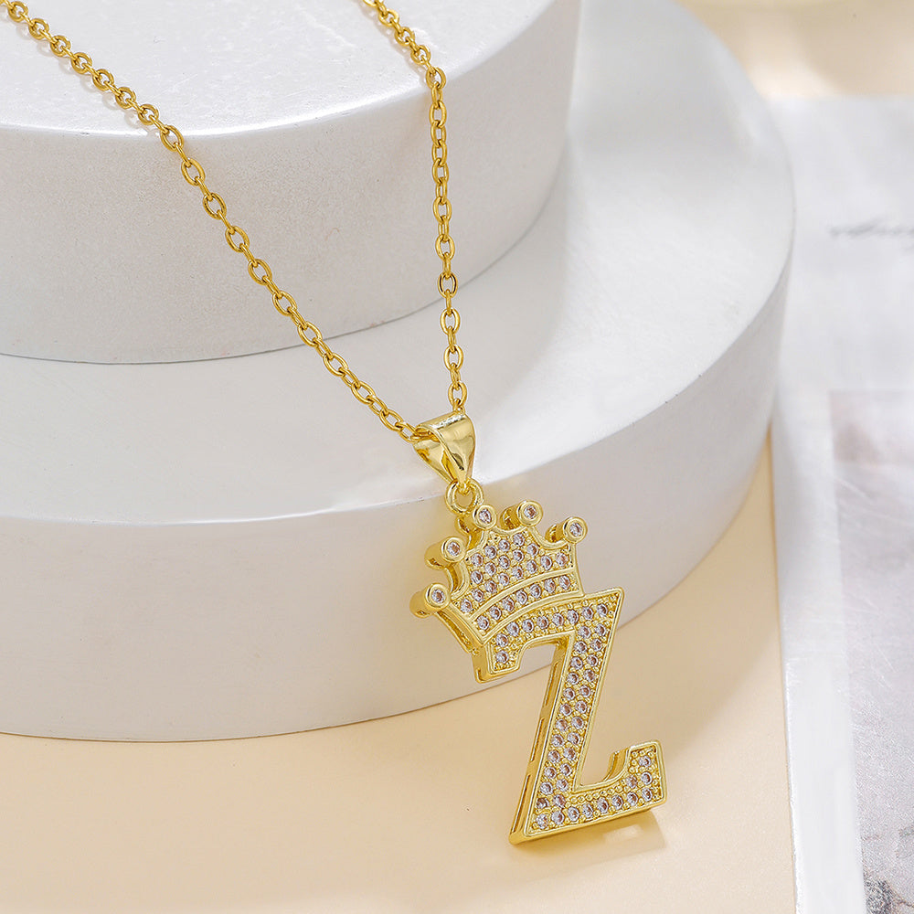 Gold Diamond Crown Uppercase Letter Pendant Necklace – Fashionable & Trendy