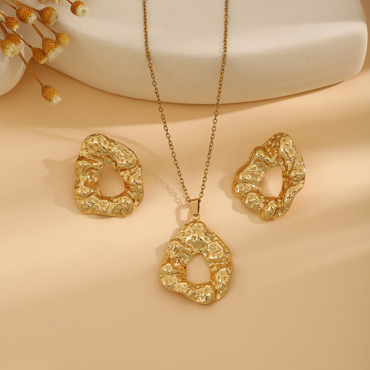 Geometric Leaves Texture Flower Love Heart Earrings And Necklace Set