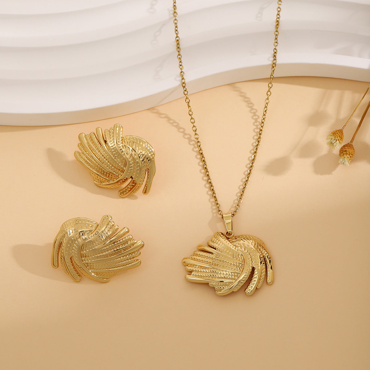 Geometric Leaves Texture Flower Love Heart Earrings And Necklace Set