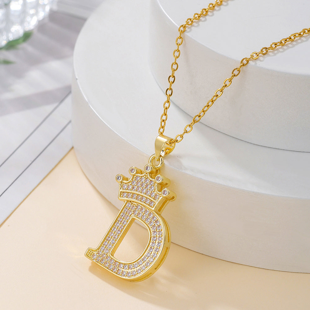 Gold Diamond Crown Uppercase Letter Pendant Necklace – Fashionable & Trendy