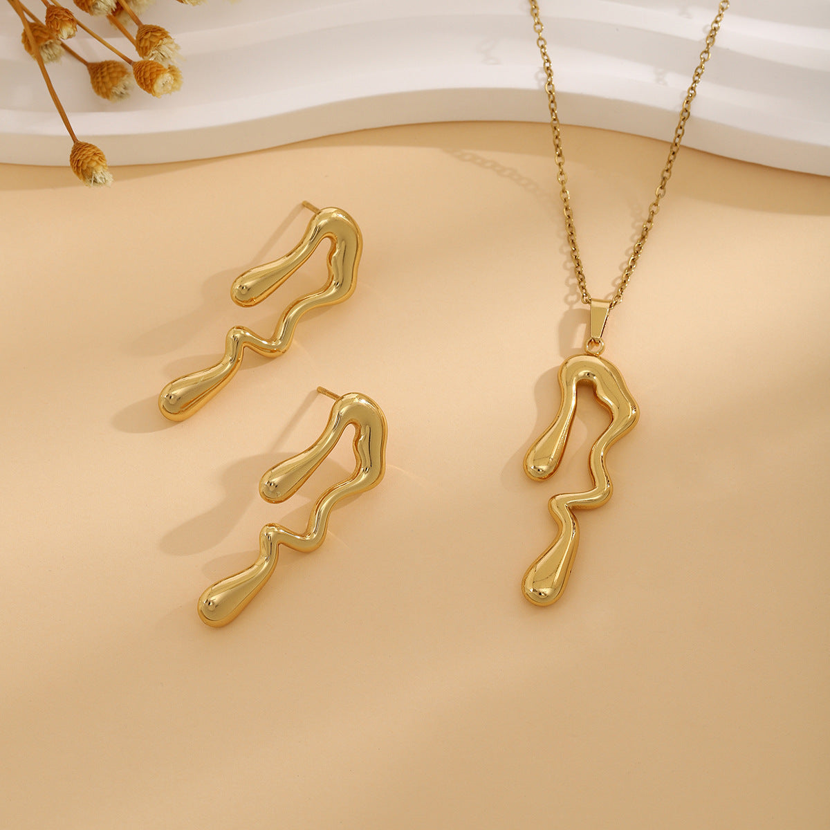 Geometric Leaves Texture Flower Love Heart Earrings And Necklace Set