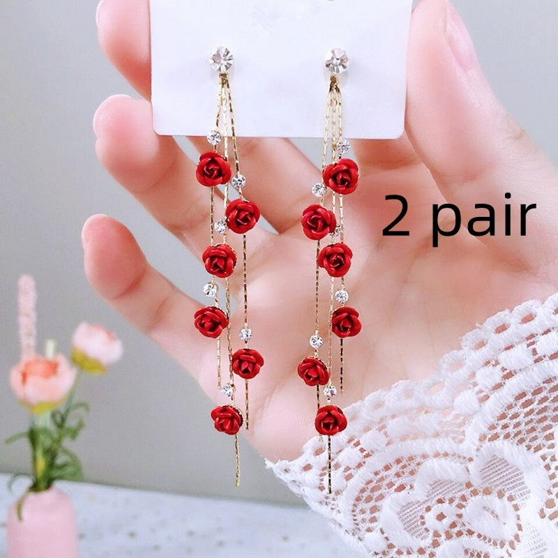Flower Long Earrings – Red Rose & Rhinestone Tassels