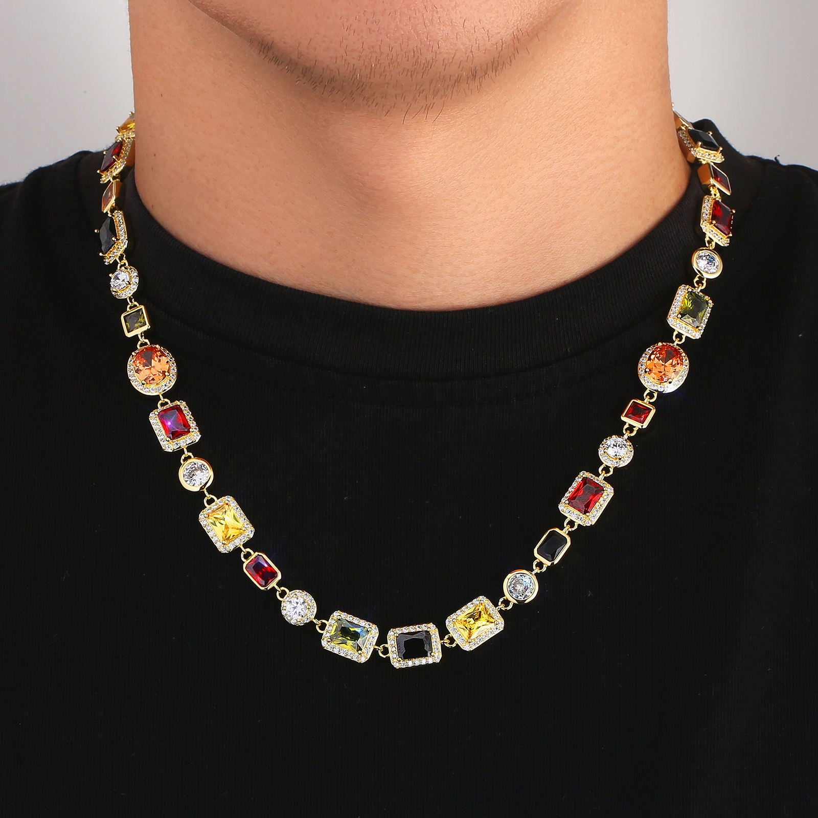 Vintage Mixed Gemstone Tennis Necklace – 5A CZ, 18K Gold-Plated Jewelry for Men & Women
