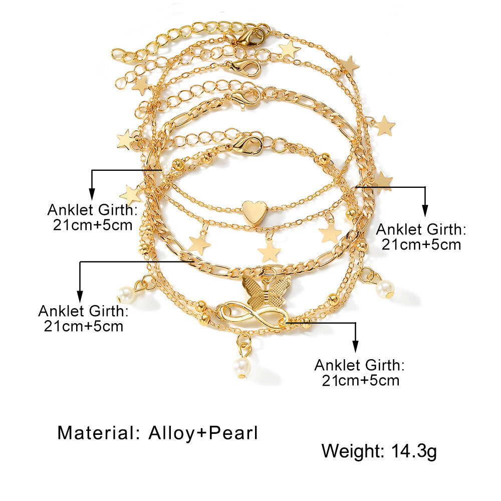 Butterfly, Pearl & Heart Anklet Set – 4-Piece Multi-Layer Design