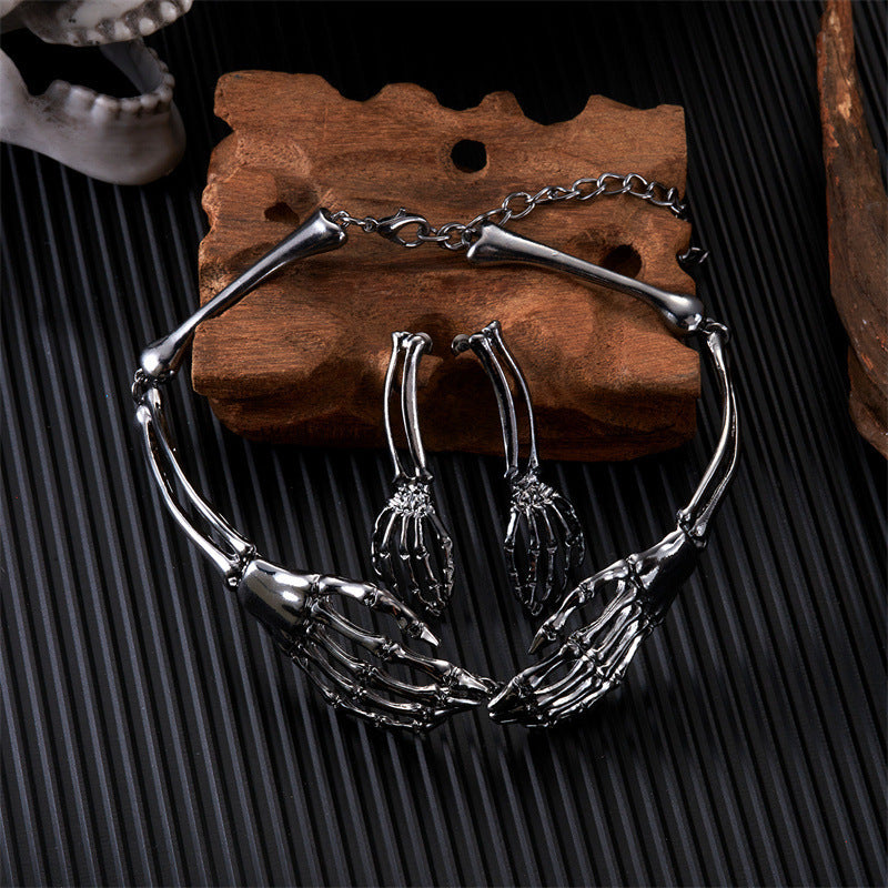 European & American Gothic Punk Skull & Ghost Claw Necklace + Earrings Set