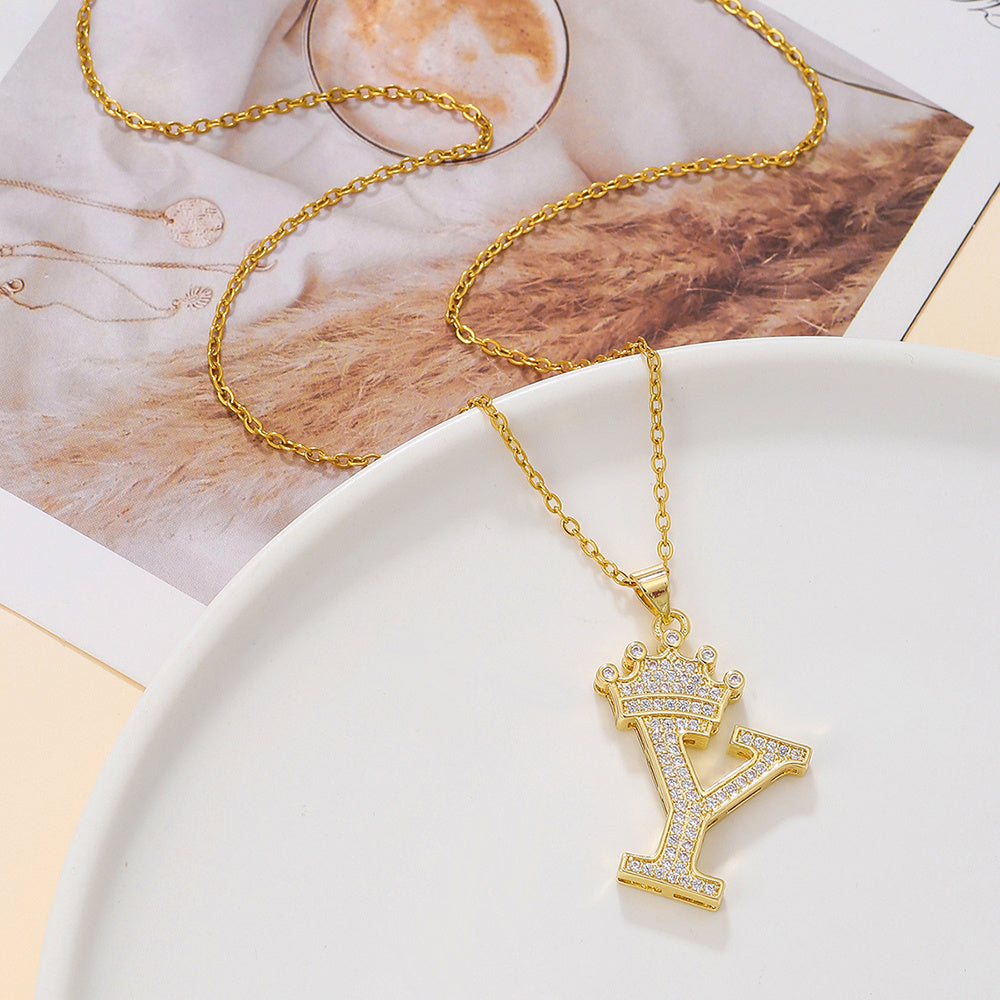 Gold Diamond Crown Uppercase Letter Pendant Necklace – Fashionable & Trendy