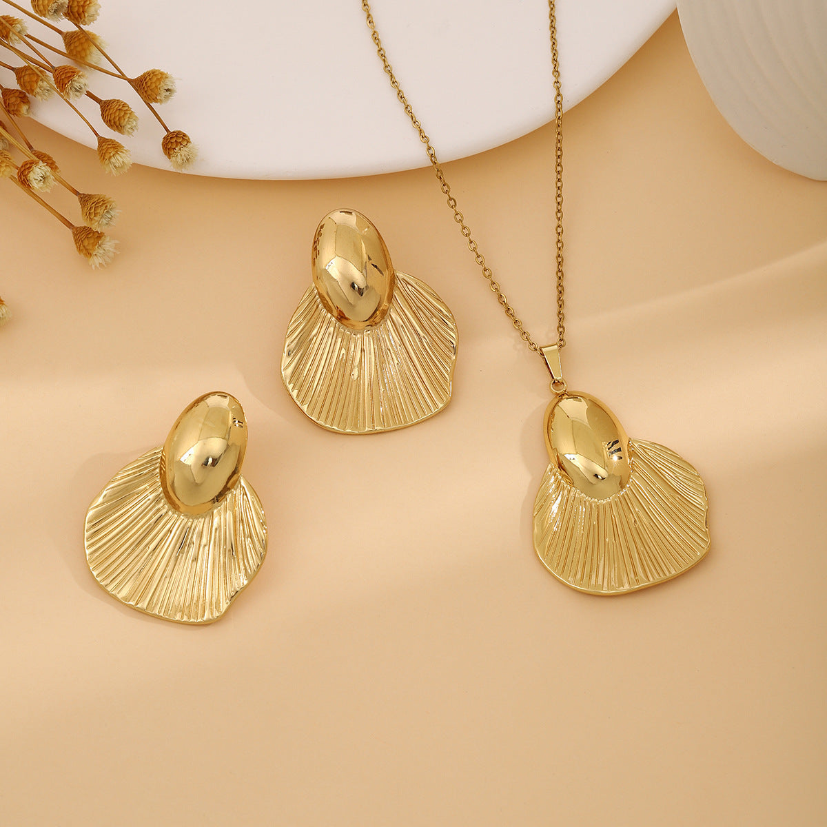 Geometric Leaves Texture Flower Love Heart Earrings And Necklace Set