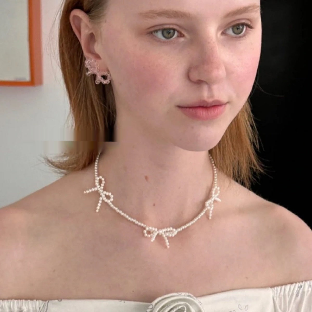 Women’s Dainty Pearl Necklace with Bow Pendant
