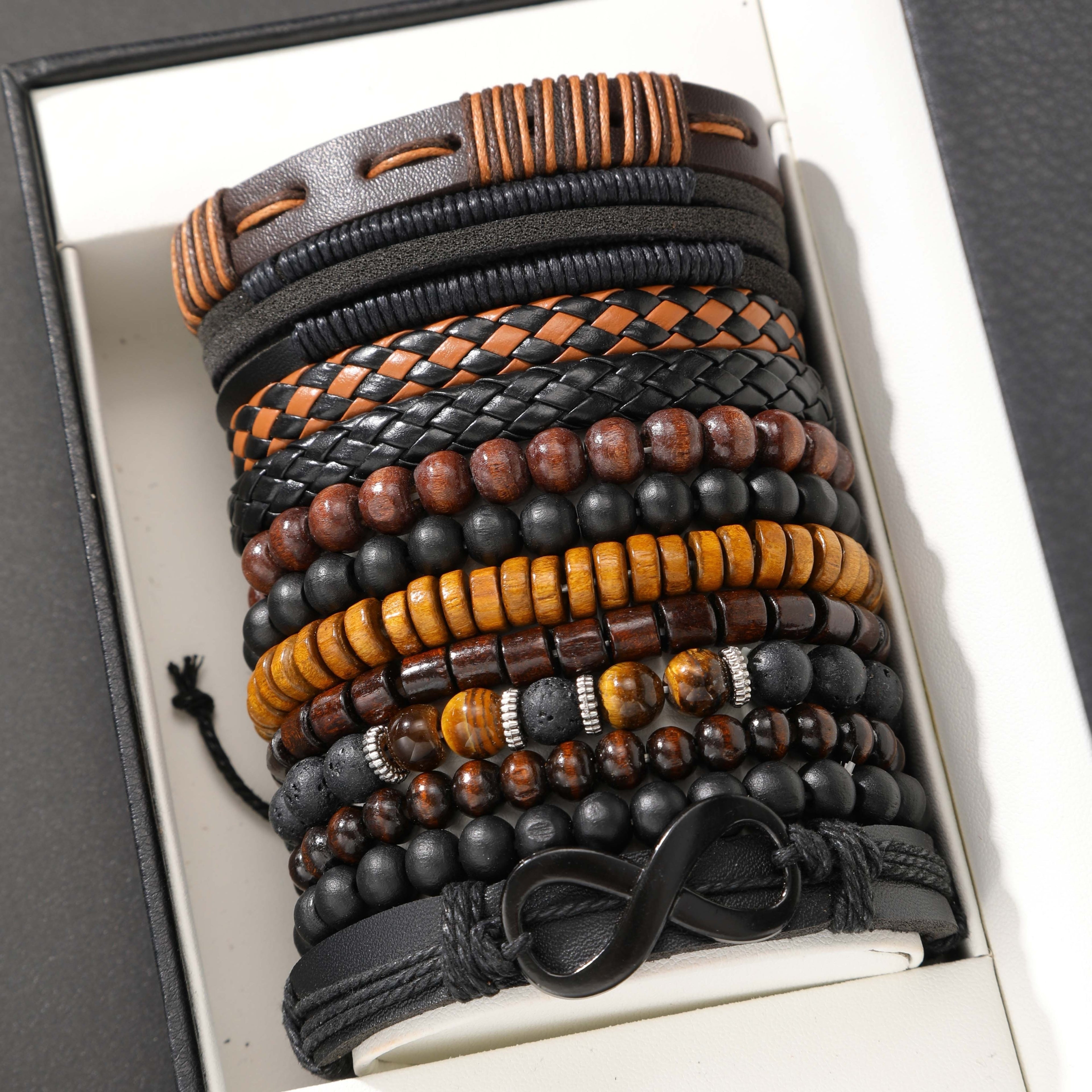 12-Piece Men’s Bracelet Set – Woven Leather, Tiger’s Eye & Moonstone Beads, Synthetic Rope