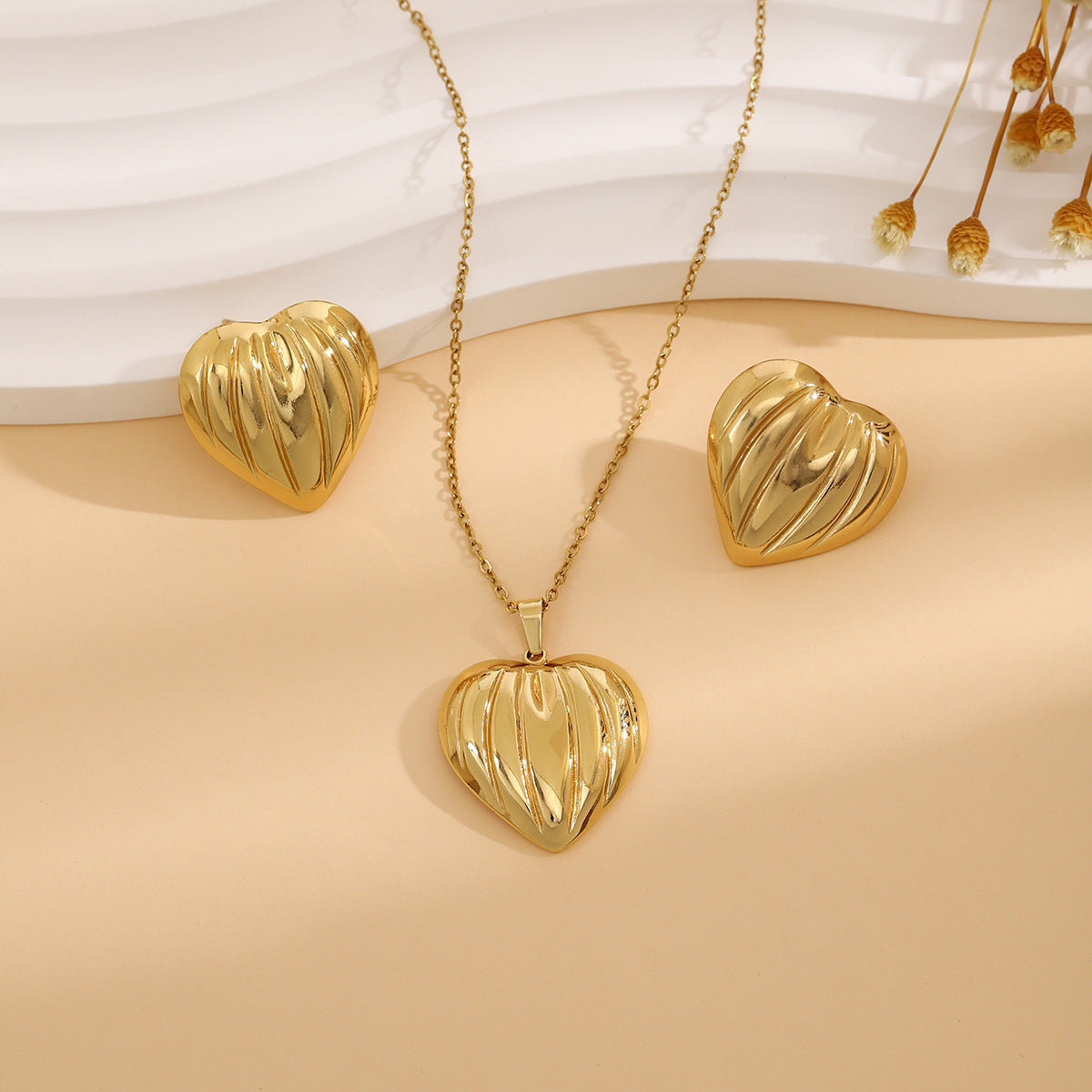 Geometric Leaves Texture Flower Love Heart Earrings And Necklace Set