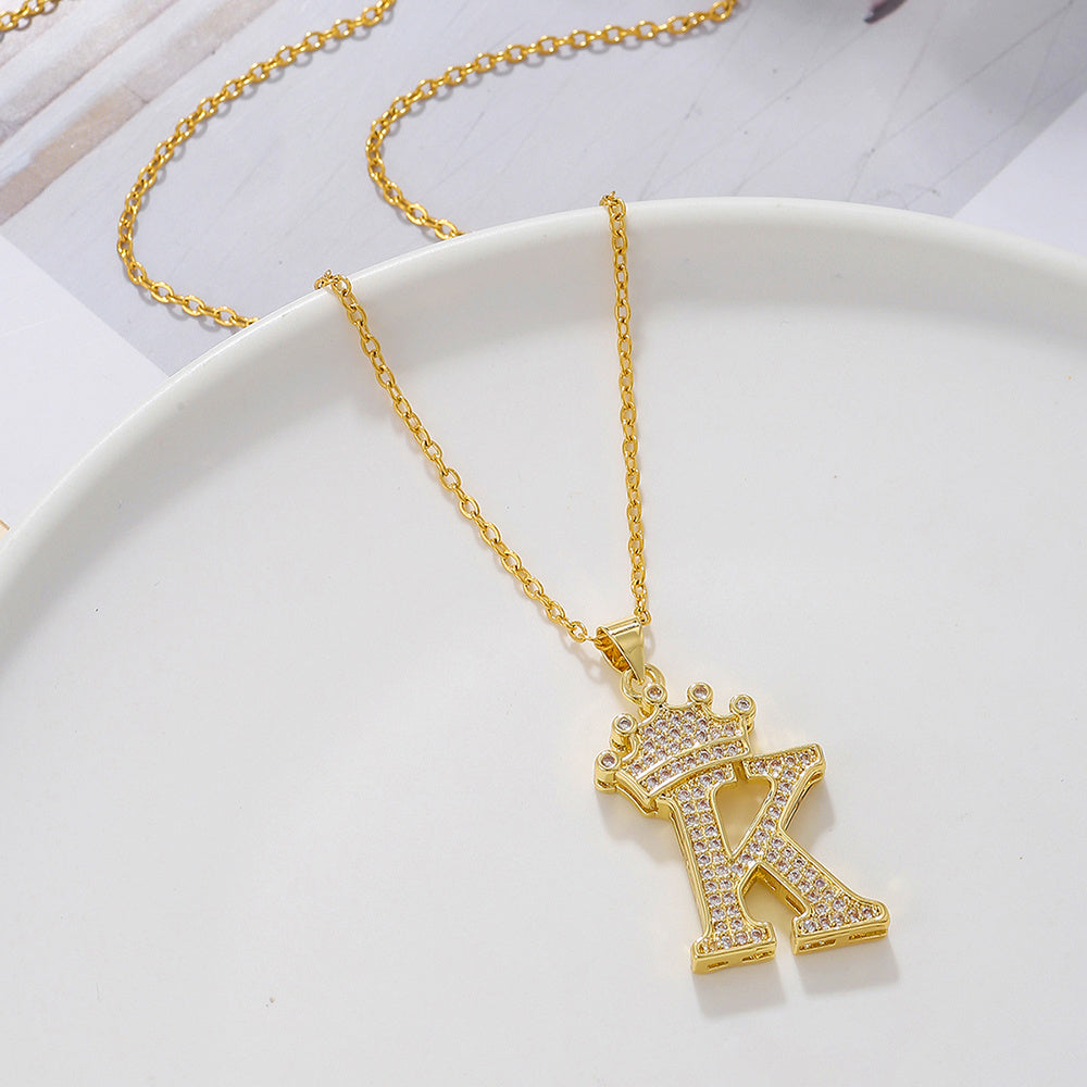 Gold Diamond Crown Uppercase Letter Pendant Necklace – Fashionable & Trendy
