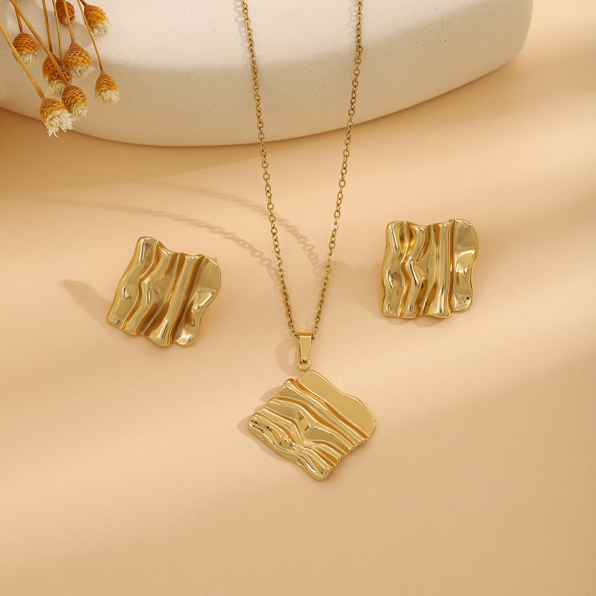 Geometric Leaves Texture Flower Love Heart Earrings And Necklace Set
