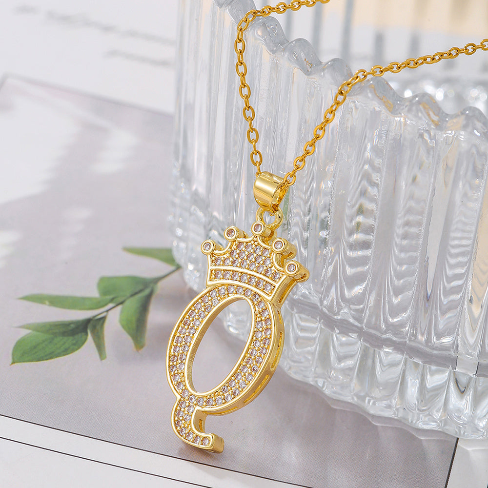 Gold Diamond Crown Uppercase Letter Pendant Necklace – Fashionable & Trendy